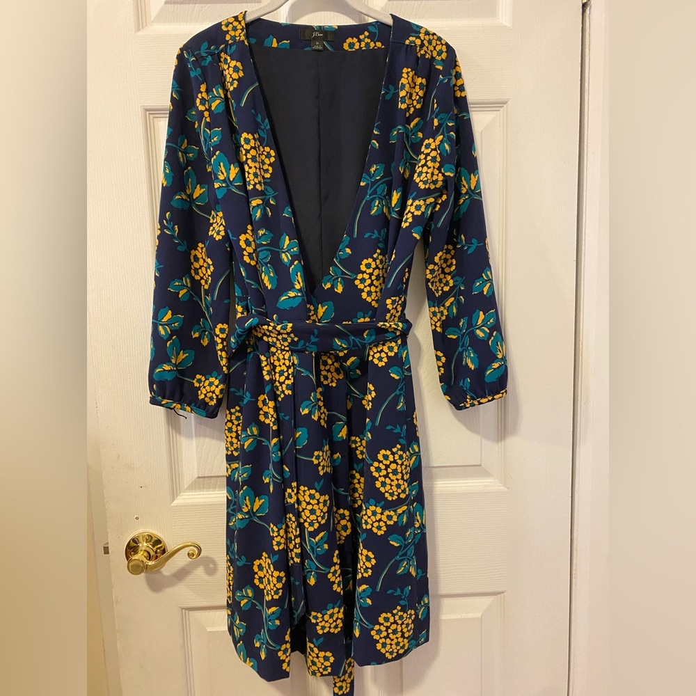 J. Crew Navy Dress with Teal and Yellow Floral Accents